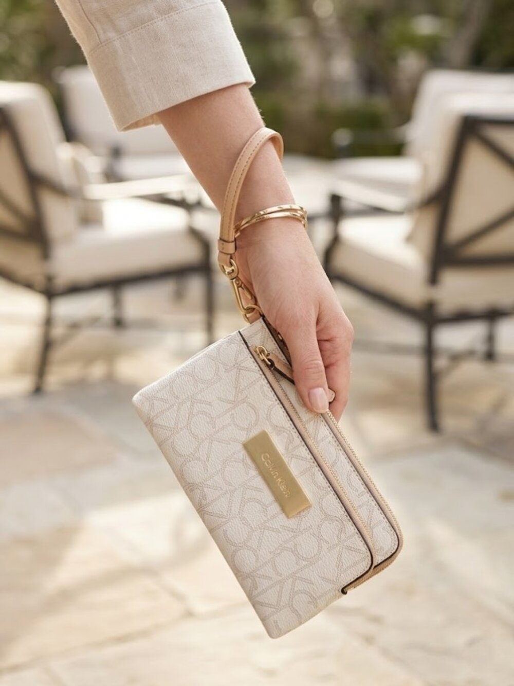 Calvin Klein Women’s Monogram Logo Top Zip Closure White Wristlet